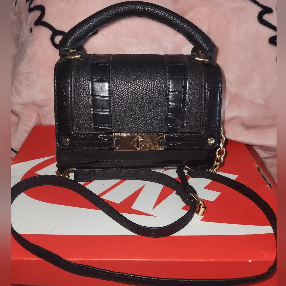 Primark Black and Gold Crossbody Bag with Croc-Embossed Design